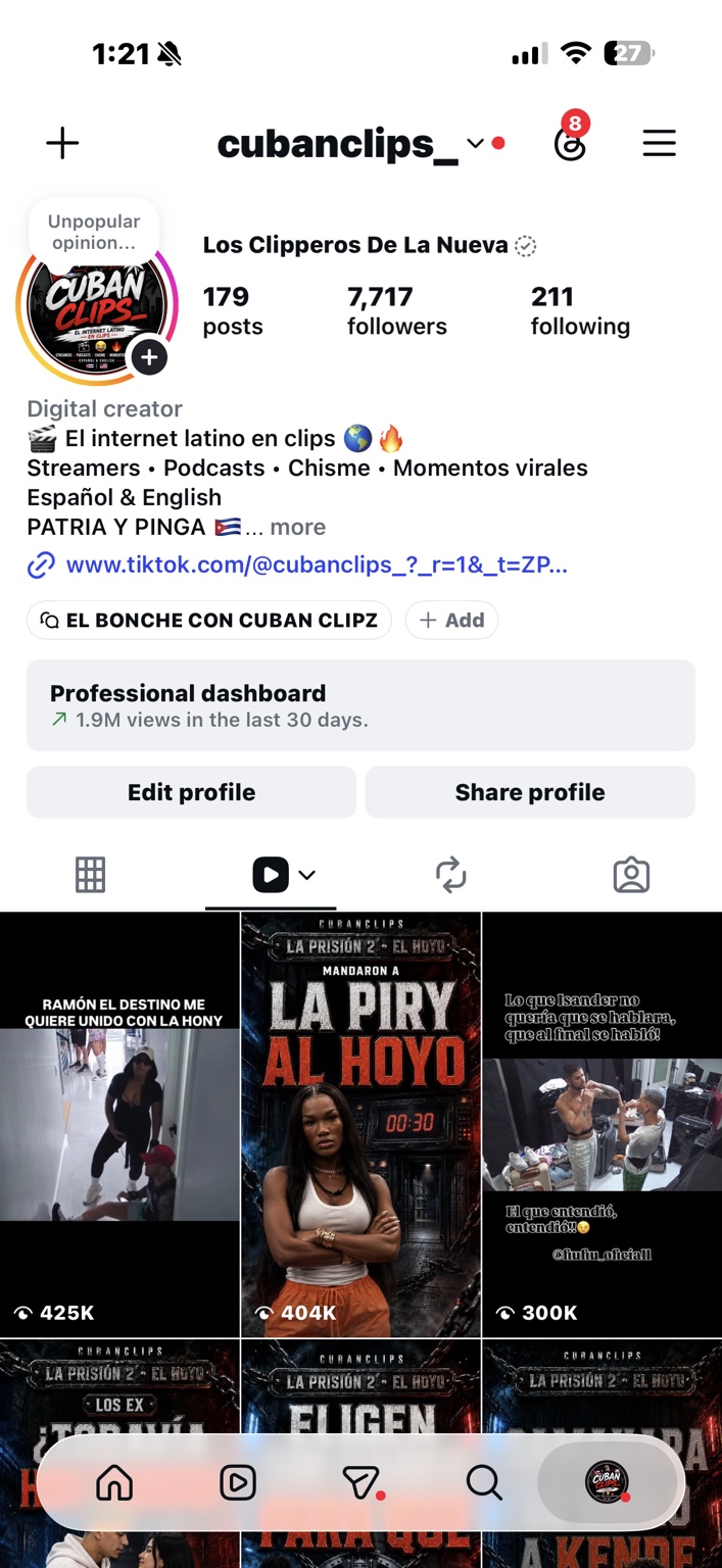 CubanClips Instagram profile showing 7,717 followers and 1.9 million views in the last 30 days