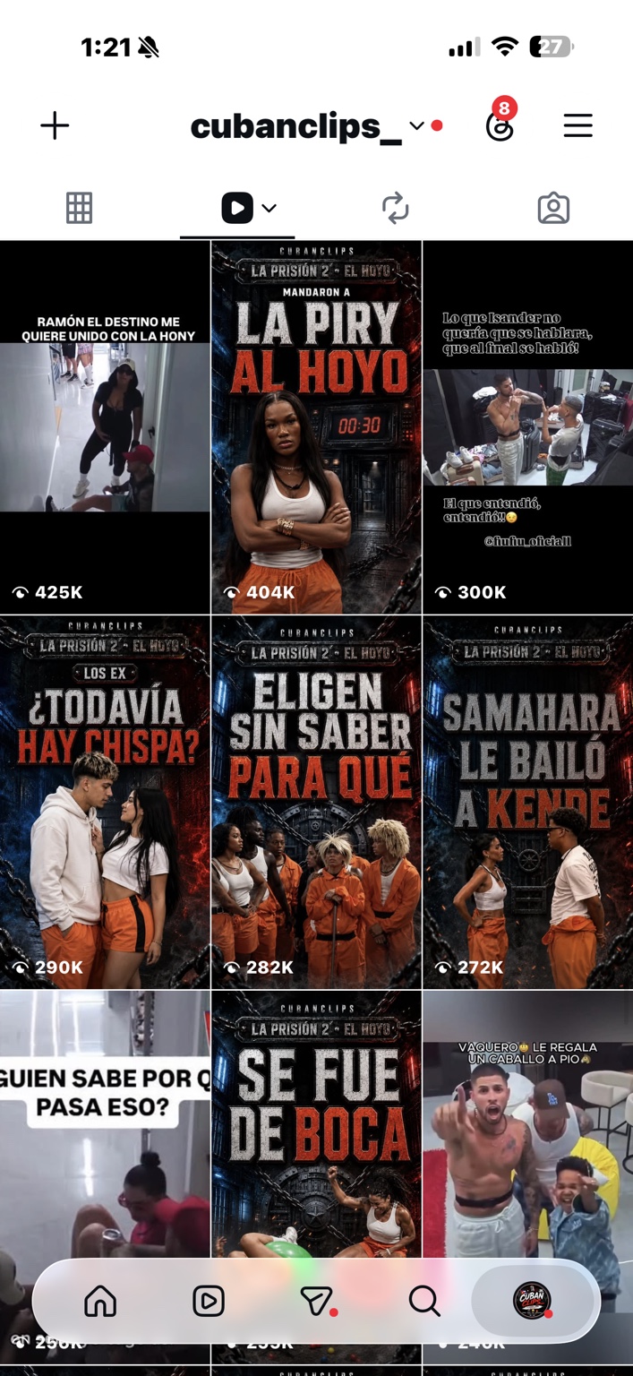 CubanClips reels grid showing videos with hundreds of thousands of views